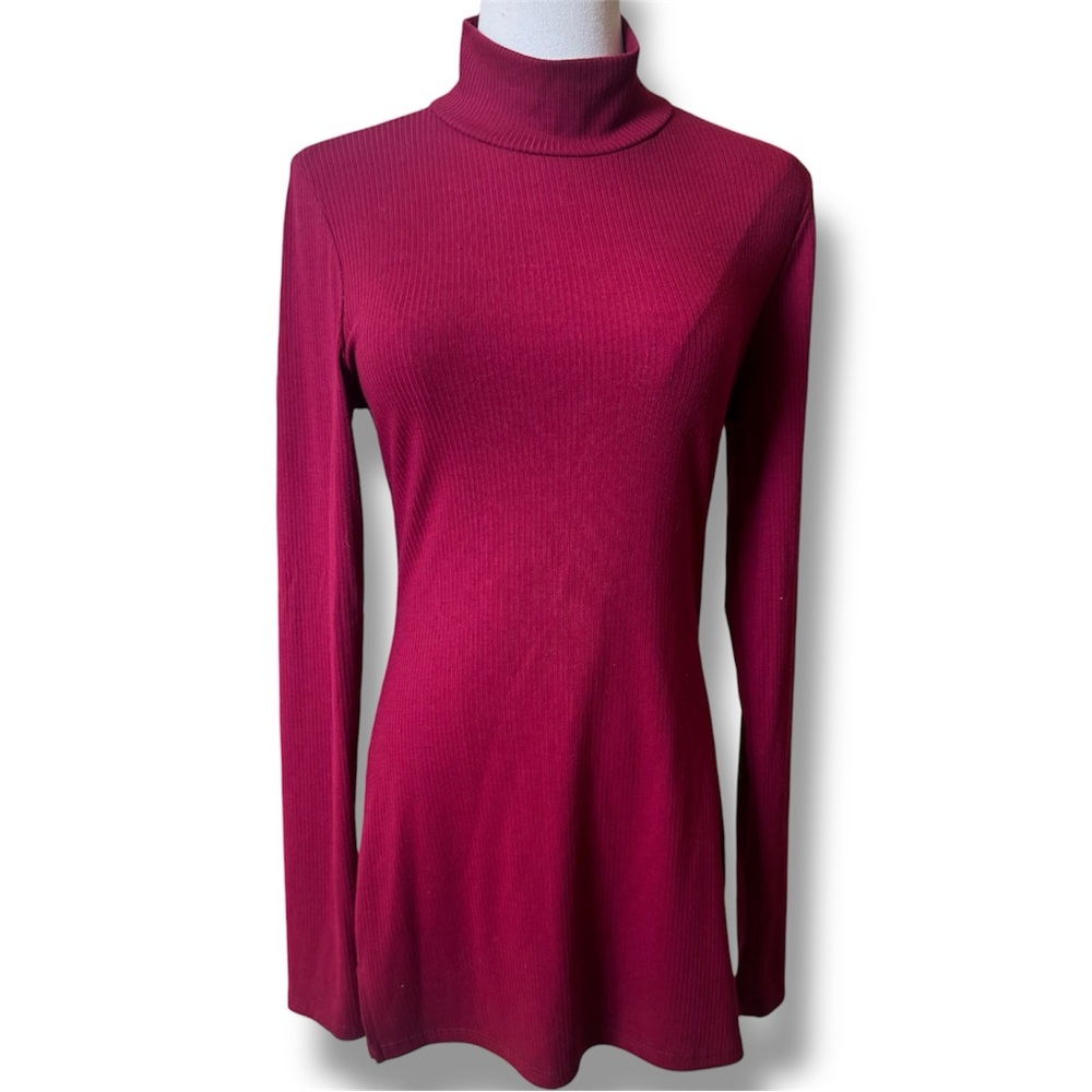 BELITA Ribbed Burgundy Red Turtleneck Long Tunic Top